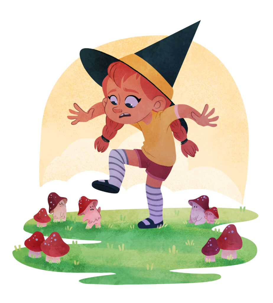 Children's illustration by Stefanie Schmiedel for "Magic Maya," showing a young girl in a witch hat balancing carefully on one foot to avoid stepping on tiny living mushroom creatures.