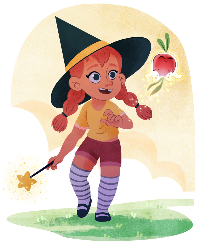 Children's illustration by Stefanie Schmiedel for "Magic Maya," showing a young girl in a witch hat holding a sparkling magic wand while following a glowing, floating radish-like magical sprite.