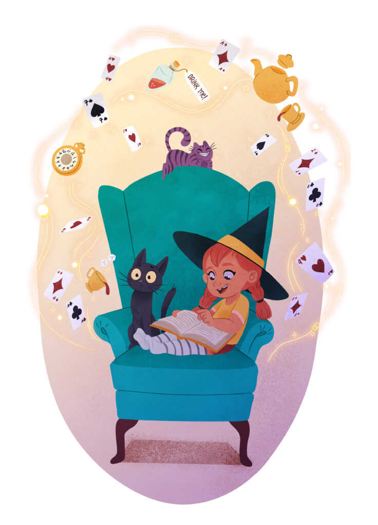 Children's illustration by Stefanie Schmiedel for "Magic Maya," featuring a young girl wearing a witch hat reading in a teal armchair surrounded by floating Alice in Wonderland cards, potions, and cats.