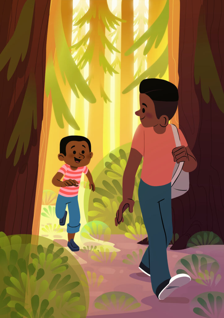 Middle grade illustration by Stefanie Schmiedel for "Summer Days with Joe," showing two Black brothers, one older and one younger, happily walking and running together on a sunny forest path.