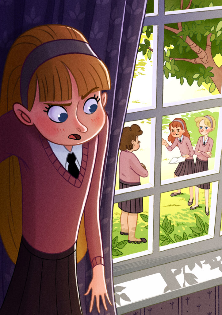 Middle grade illustration by Stefanie Schmiedel showing a blonde schoolgirl hiding behind a curtain while watching three classmates argue outside in the schoolyard.