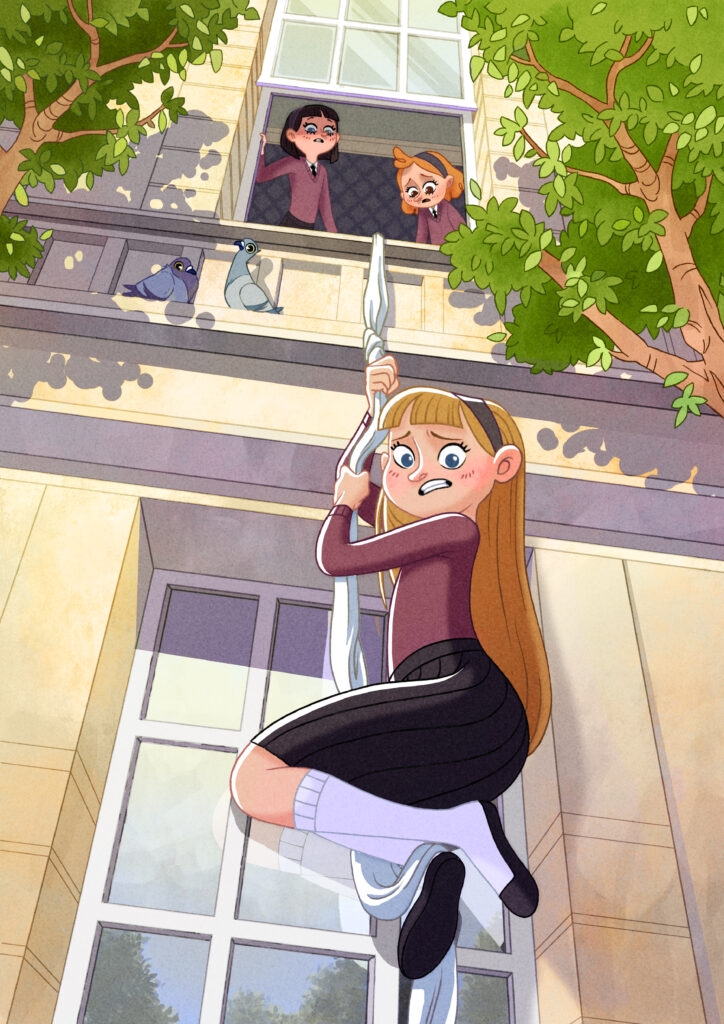 Middle grade illustration by Stefanie Schmiedel showing a blonde schoolgirl climbing down a tied-bedsheet rope from an upper floor window while two worried friends watch from above.