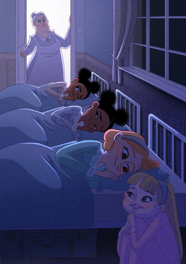 Middle grade book illustration by Stefanie Schmiedel showing three young girls pretending to sleep in a dormitory, while one girl is hiding and a strict matron watches from the doorway.