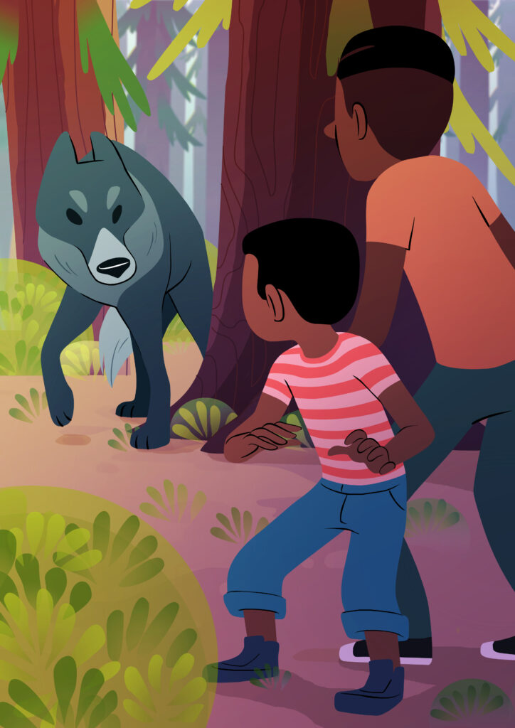 Middle grade illustration by Stefanie Schmiedel for "Summer Days with Joe," showing two Black brothers recoiling in surprise and fear as they encounter a dark wild wolf in the forest.